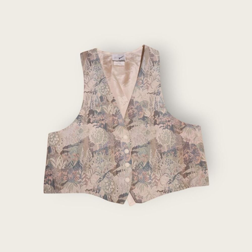 Vintage 90s pastel pink floral tapestry print button up preppy vest